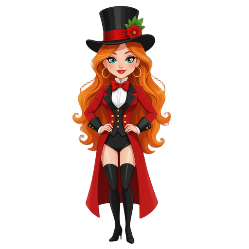 ginger woman wearing red ringmaster tailcoat , black top hat with red ribbon and flower
