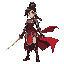 (anime style:1.3), a graceful warrior woman, elegant, slender, wearing ornate and functional samurai-inspired armor with flowing crimson fabric accents, holding a finely crafted rapier with a polished steel blade and intricate hilt, her expression is dete