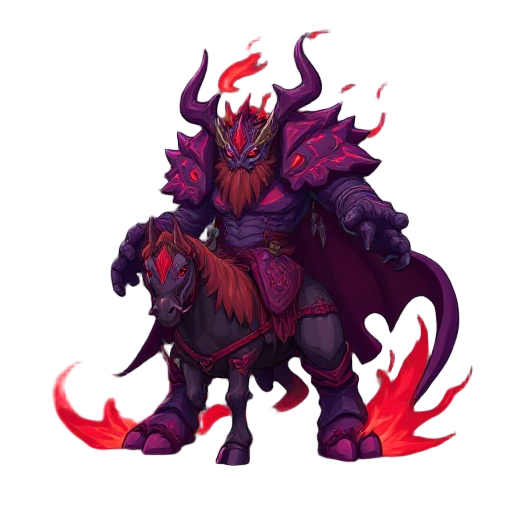 boss character inspired by starscourge radahn from elden ring. the boss should appear massive and intimidating, with red and purple magical effects swirling around him. he should ride a small but powe