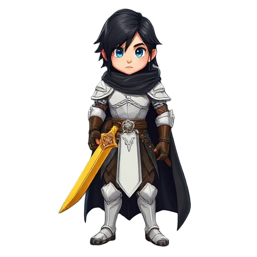 huntter: black hair, blue eyes, fair skin. white justicar armor, long black cloak. wields nior-loar sword (yellow blade, bear pommel). epic fantasy, noble, determined. digital painting.