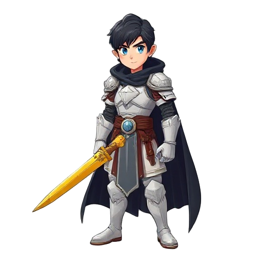black hair, blue eyes, fair skin. white justicar armor, long black cloak. wields nior-loar sword (yellow blade, bear pommel). epic fantasy, noble, determined. digital painting.