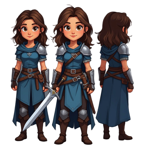 a female main character for a dark medieval fantasy game. she is a young and brave warrior, human, with shoulder-length brown hair, wearing a blue tunic, leather armor, and a light silver, and a sword