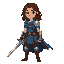 a female main character for a dark medieval fantasy game. she is a young and brave warrior, human, with shoulder-length brown hair, wearing a blue tunic, leather armor, and a light silver,and a sword