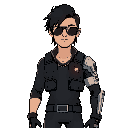 johnny silverhand from cyberpunk 2077. the character should look exactly like him. he has medium length black hair, aviators, a body armor shirt, and his right arm is silver