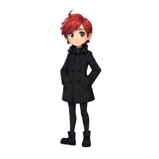character with red hair, wearing a black overcoat, walking