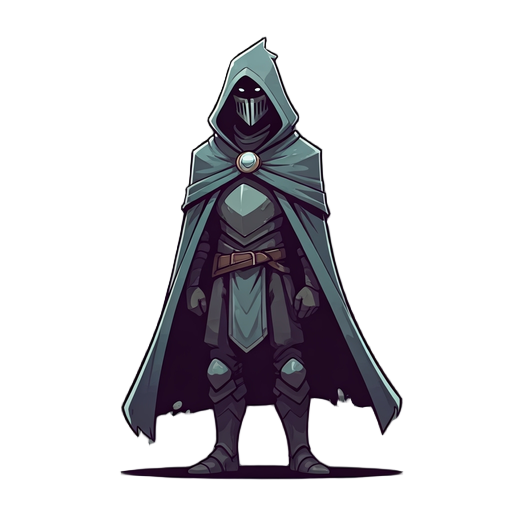 a mysterious, spirit-like rogue knight — cloaked in a flowing hooded cape, pop art style
