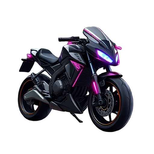 sci-fi 2d motorbike like a spacecraft, cyberpunk, black glossy with neon lights