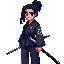 jovem samurai, 20 anos, magro, olhos calmos, cabelo grande e preto, quimono escuro rasgado com símbolos dourados fracos, duas katanas cruzadas (prata e preta), estóico e misterioso