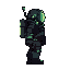 a 2d pixel-art sprite of subject delta from bioshock 2, a bulky diver in a vintage diving suit with a glowing helmet, facing right, 64x64 pixels, transparent background, dark and moody color palette,
