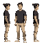 asian man side ways with black middle part hair, black t-shirt, tattoo on left arm, beige pants and white shoes