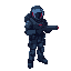 a spaceship pilot from the future, wearing a dark blue armored suit, with a helmet featuring an open visor, carrying a backpack and a laser assault weapon.