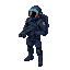a spaceship pilot from the future, wearing a dark blue armored suit, with a helmet featuring an open visor, carrying a backpack and a laser assault weapon.