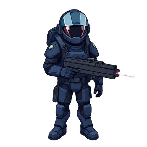 a spaceship pilot from the future, wearing a dark blue armored suit, with a helmet featuring an open visor, carrying a backpack and a laser assault weapon.