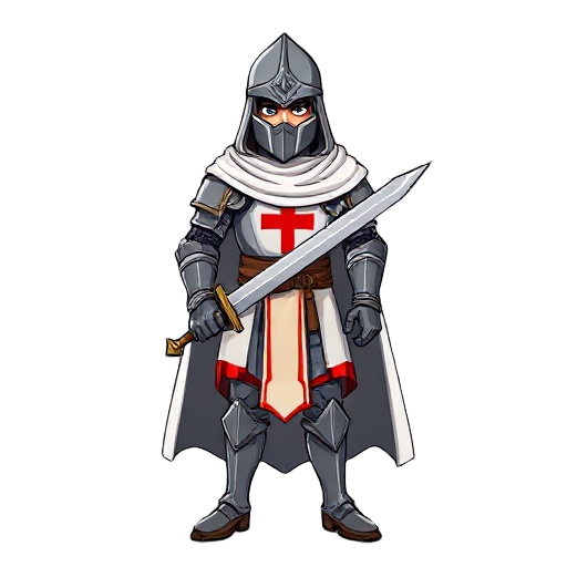 a templar knight holding a longsword with both hands, wearing traditional medieval armor and a white cloak with a red cross