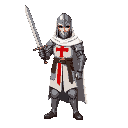 a templar knight holding a longsword with both hands, wearing traditional medieval armor and a white cloak with a red cross