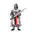 a templar knight holding a longsword with both hands, wearing traditional medieval armor and a white cloak with a red cross