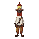 create a lighthouse keeper character, with appropriate clothing, tools, and maybe a mustache or beard, designed for a retro-style horror game. his face should not be clearly visible, in the style of low-poly characters. in lateral view