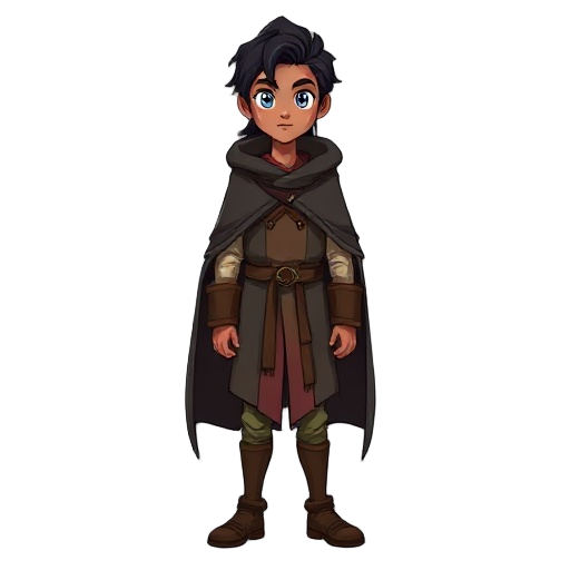 a guy (looking 16-17 years old) wearing a cloak, apparently a blue-eyed wizard (for the west) simple... slightly dark-skinned character with long dark hair