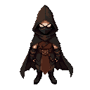 medieval character, mage and with a adague assasin, with a black mask and with a black cloak with boats(brown)