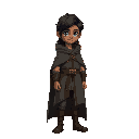 a guy (looking 16-17 years old) wearing a cloak, apparently a blue-eyed wizard (for the west) ... slightly dark-skinned character with long dark hair