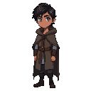 a guy (looking 16-17 years old) wearing a cloak, apparently a blue-eyed wizard (for the west) simple... slightly dark-skinned character with long dark hair