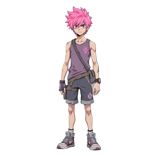 kota stands around 5'6" with a lean, athletic build, hinting at underlying strength despite his slender frame. his most striking feature is undoubtedly his vibrant, choppy pink hair, styled in a way that suggests a playful defiance against convention. it'