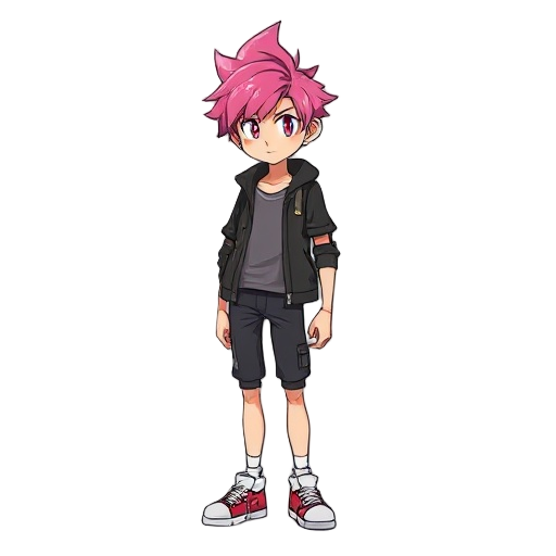 kota stands around 5'6" with a lean, athletic build, hinting at underlying strength despite his slender frame. his most striking feature is undoubtedly his vibrant, choppy pink hair, styled in a way that suggests a playful defiance against convention. it'
