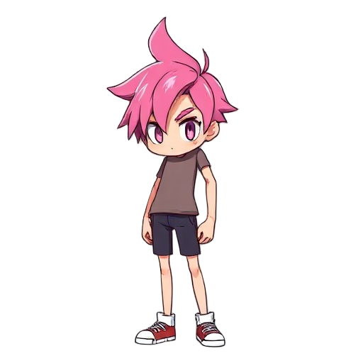 kota stands around 5'6" with a lean, athletic build, hinting at underlying strength despite his slender frame. his most striking feature is undoubtedly his vibrant, choppy pink hair, styled in a way that suggests a playful defiance against convention. it'