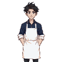 a handsome man in the white apron outside the dark blue shirt roll up the sleeve, he has dark hair and purple hunter eyes. the characters hair is black and styled in a messy anime hair, he's 14 year o