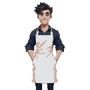 a handsome man in the white apron outside the dark blue shirt roll up the sleeve, he has dark hair and purple hunter eyes. the characters hair is black and styled in a messy