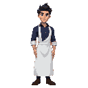 a handsome man in the white apron outside the dark blue shirt roll up the sleeve, he has dark hair and purple hunter eyes.t. the characters hair is black and styled in a messy, with a notable purple h
