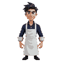 a handsome man in the white apron outside the dark blue shirt roll up the sleeve, he has dark hair and purple hunter eyes.t. the characters hair is black and styled in a messy, with a notable purple h
