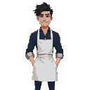 a handsome man in the white apron outside the dark blue shirt roll up the sleeve, he has dark hair and purple hunter eyes.t. the characters hair is black and styled in a messy, with a notable purple h
