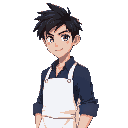 a handsome man in the white apron outside the dark blue shirt roll up the sleeve, he has dark hair and purple hunter eyes.the characters hair is black and styled in a messy hairstyle anime boy