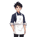 a handsome man in the white apron outside the dark blue shirt roll up the sleeve, he has dark hair and purple hunter eyes. the characters hair is black and styled in a messy anime hair, he's 14 year o