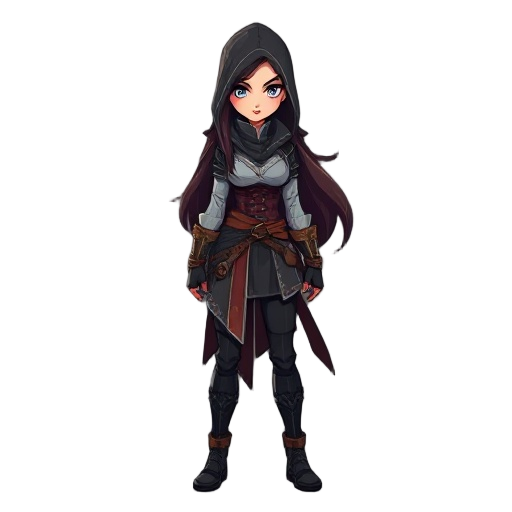 make me a cool woman assassin with mage type long hair and make it pixelated 