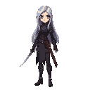 make me a cool woman long silver hair assassin with mage type and make it pixelated 