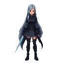 make me a cool woman long hair assassin with mage type and make it 2d but pixelated