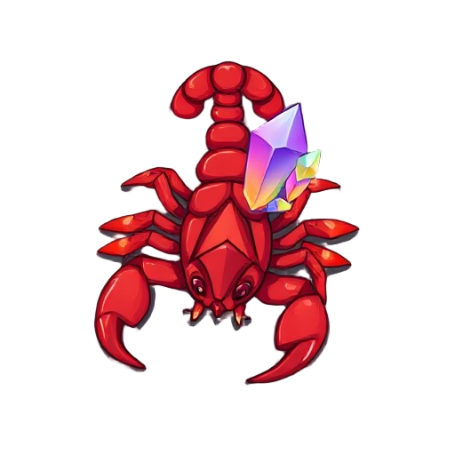 a red scorpion with rainbow crystals growing out of its back