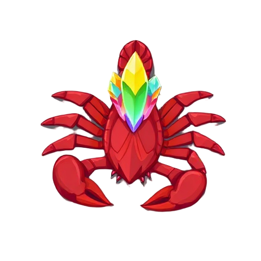 a giant red scorpion with rainbow crystals growing out of its back