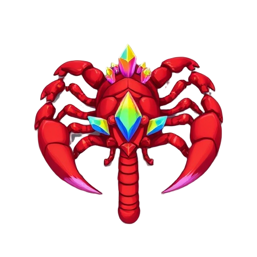 a giant red scorpion with large claws with rainbow crystals growing out the center of its back