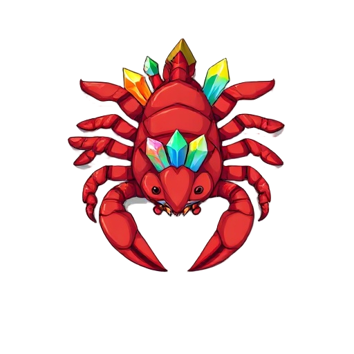 a fat giant red scorpion with rainbow crystals growing out of its back