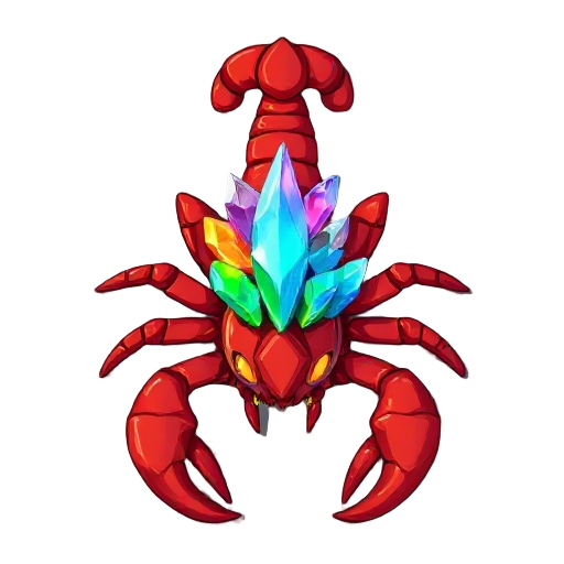 a giant red scorpion with rainbow crystals growing out of its back