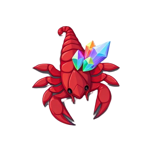 a red scorpion with rainbow crystals growing out of its back