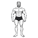 a stylized black-and-white drawing of a muscular male figure, standing upright in a neutral pose with arms slightly angled outward. he has a trimmed beard, short hair, defined chest, abs, and strong legs. the figure wears dark boxer briefs and is depicted