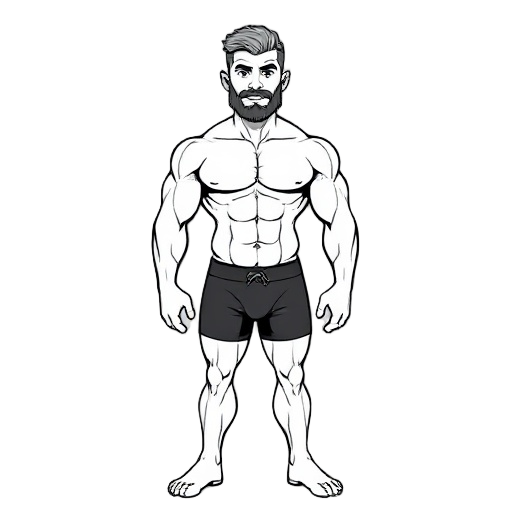 a stylized black-and-white drawing of a muscular male figure, standing upright in a neutral pose with arms slightly angled outward. he has a trimmed beard, short hair, defined chest, abs, and strong legs. the figure wears dark boxer briefs and is depicted