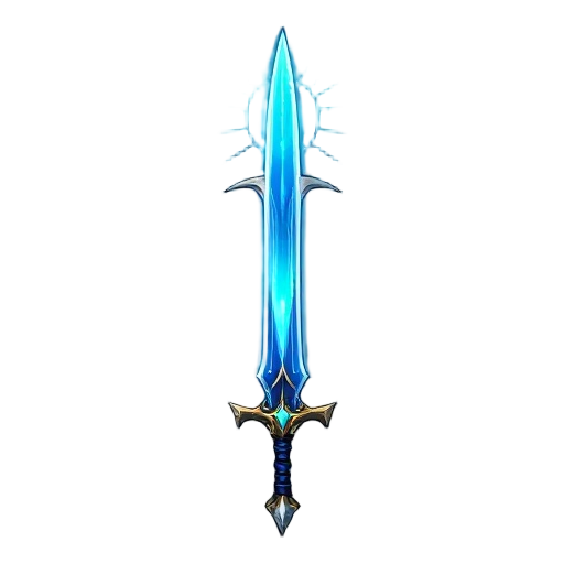 uma espada mística e imponente, chamada espada da lua sombria, inspirada em elden ring. a lâmina é longa, elegante e forjada em aço etéreo com um brilho azul gélido que emana energia arcana. detalhes rúnicos percorrem a lâmina, irradiando luz lunar. o pun
