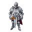 a heavily armored medieval knight, standing tall and imposing. full plate armor in shining silver with intricate engravings and a white tabard decorated with a sun-like emblem on the chest. the knight wears a closed helmet with a visor, gauntlets, and ste