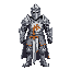 a heavily armored medieval knight, standing tall and imposing. full plate armor in shining silver with intricate engravings and a white tabard decorated with a sun-like emblem on the chest. the knight wears a closed helmet with a visor, gauntlets, and ste
