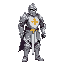 a heavily armored medieval knight, standing tall and imposing. full plate armor in shining silver with intricate engravings and a white tabard decorated with a sun-like emblem on the chest. the knight wears a closed helmet with a visor, gauntlets, and ste